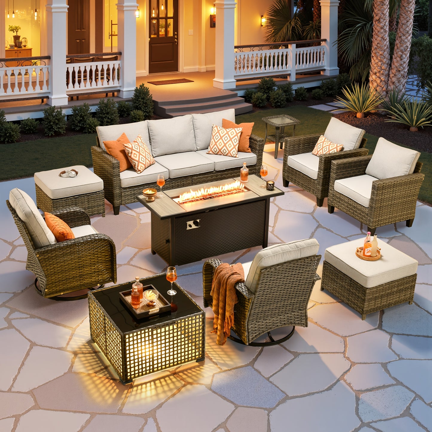 10pcs Outdoor Patio Furniture Sets With 54" Fire Pit Table And Solar Led Light Coffe Table, All-Weather PE Rattan Sectional Sofa Conversation Set With Swivel Rocking Chairs, Outside Modular Couch With Thick Cushions For Backyard, Deck, 7 Seats