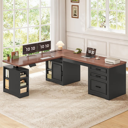 Farmhouse L Shaped Electric Standing Desk | 63" x 67" Height Adjustable, Metal, 3 Drawers and Shelves, Freestanding, Plug Powered
