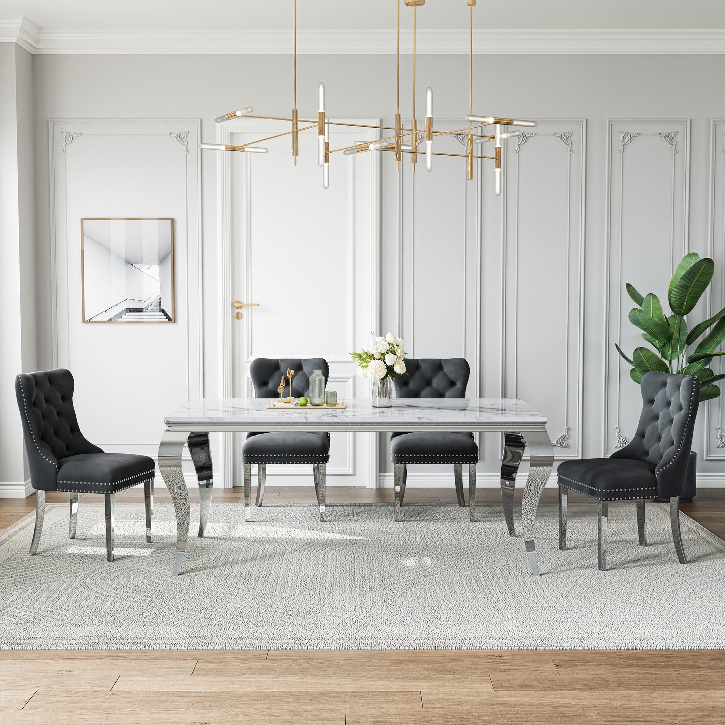 70"Modern Rectangle Faux Marble Dining Table Set for 5-7 Piece Luxury Rectangle Faux Marble Table with 4/6 Velvet Tufted Chairs - Elegant Kitchen and Dining Room Furniture, Silver/Gold Finish， Luxury Dining Table Set