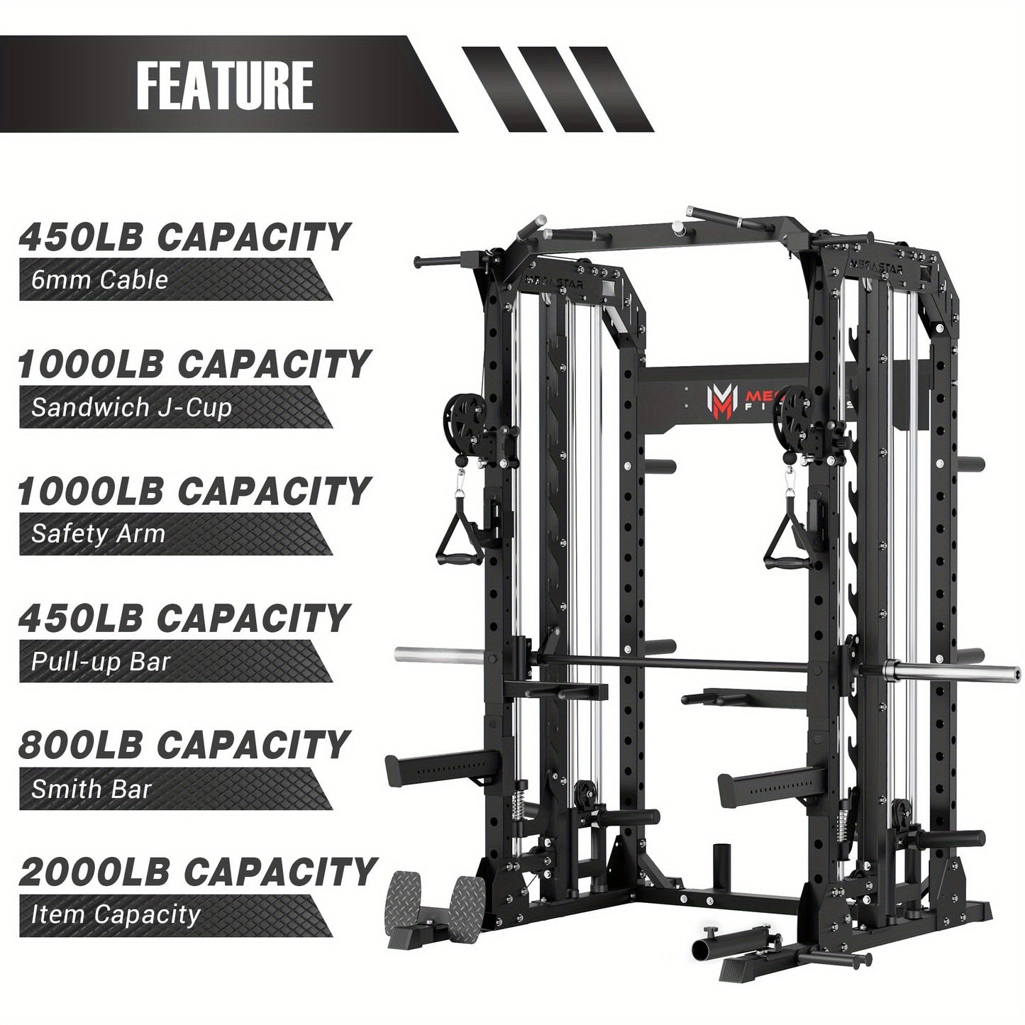Smith Machine for Home Gym - 2000lbs Capacity All-in-One Power Rack with Cable Crossover, Pull-Up Bar & Dip Station, Includes 18 Attachments