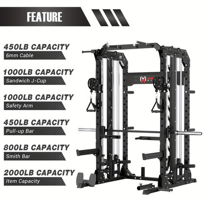 Smith Machine for Home Gym - 2000lbs Capacity All-in-One Power Rack with Cable Crossover, Pull-Up Bar & Dip Station, Includes 18 Attachments