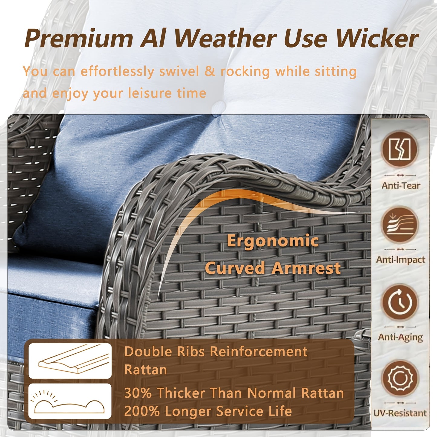 9pcs Outdoor Rattan Furniture Set Made from All-Weather Materials, Featuring 360° Swivel Rocking Chairs, a Sofa, Ottomans, And a Tempered Glass Side Table. This High-Quality Wicker Is Built to Last