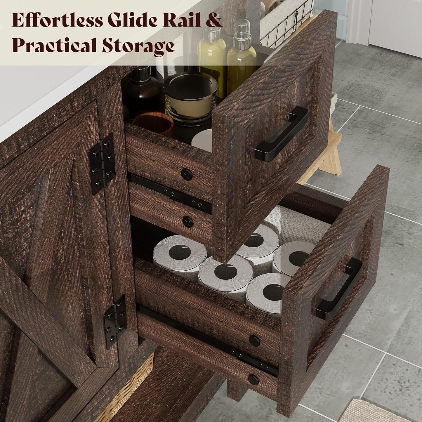 48 Inch Modern Farmhouse Bathroom Vanity with Barn Door Cabinet & 4-Drawer Storage - & Wood Tone Freestanding Sink Unit, Engineered Wood/MDF Suitable for Bathrooms