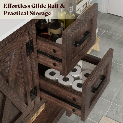 48 Inch Modern Farmhouse Bathroom Vanity with Barn Door Cabinet & 4-Drawer Storage - & Wood Tone Freestanding Sink Unit, Engineered Wood/MDF Suitable for Bathrooms