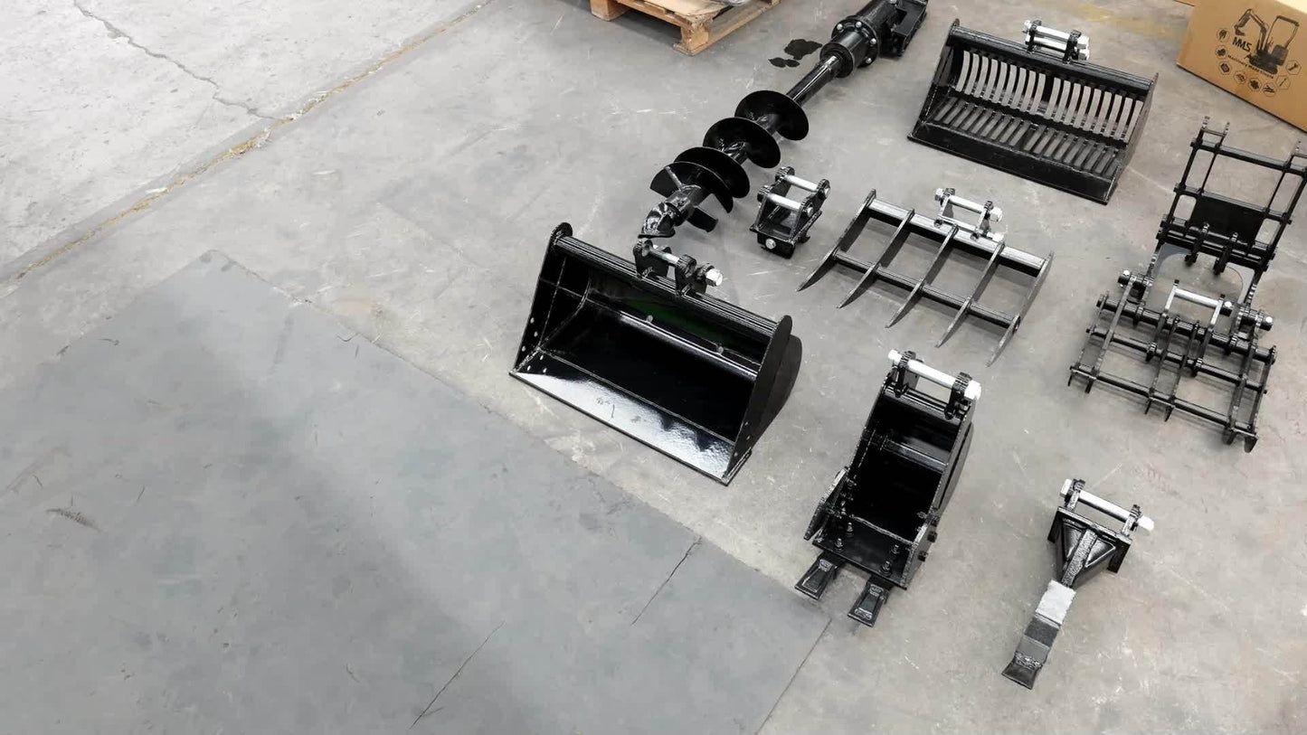 Set of 8 Mini Excavator Attachments Including Quick Hitch, Narrow Bucket, Ripper, Rake, Auger, Grapple, And Screening Bucket for Small Diggers, Available in USA Stock