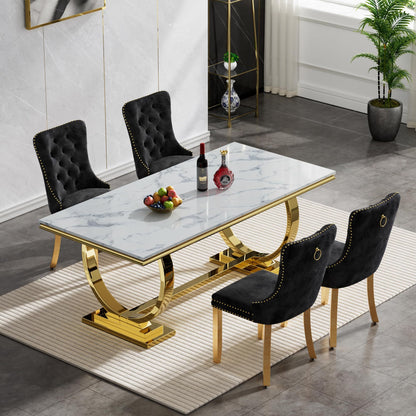 7 Piece Marble Dining Table Set, 70" Faux Marble Dining Table and Velvet Chairs for 6, 7 Piece Luxury Dining Room Table Set and 6 Upholstered Chairs with Stainless Steel Legs