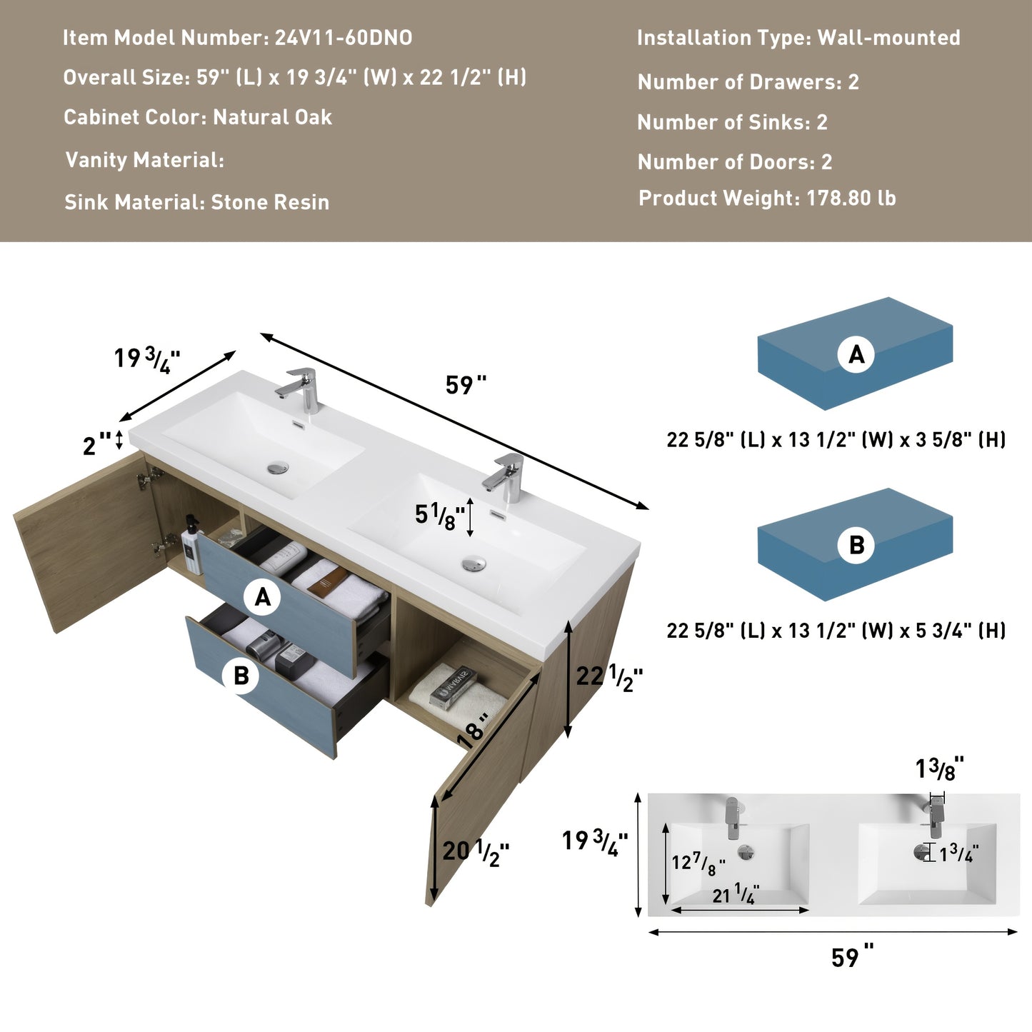 60" Modern Floating Wall-Mounted Bathroom Vanity with Double Sink - Natural Oak Wood, Large Storage & Soft-Close Drawers, One-Piece White Resin Countertop Sink, Space-Saving Design, Easy Install (Faucet/Drain Not Included)