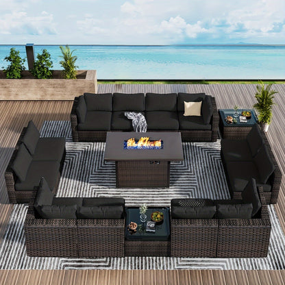 15pcs Patio Furniture Sectional Sofa with Fire Pit Table, Outdoor PE Rattan Patio Conversation Set with Glass Coffee Tables And Cushions for Garden, Poolside, Backyard