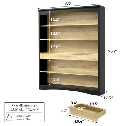 78.7'' H Modern Bookcase Wall With 3 Drawers, 6-Tier Office Bookshelf Storage Organizer | Display Shelf Unit For Home Office & Living Room, Stylish Design, Oak & Black, Hardwood Material, Floor Mount