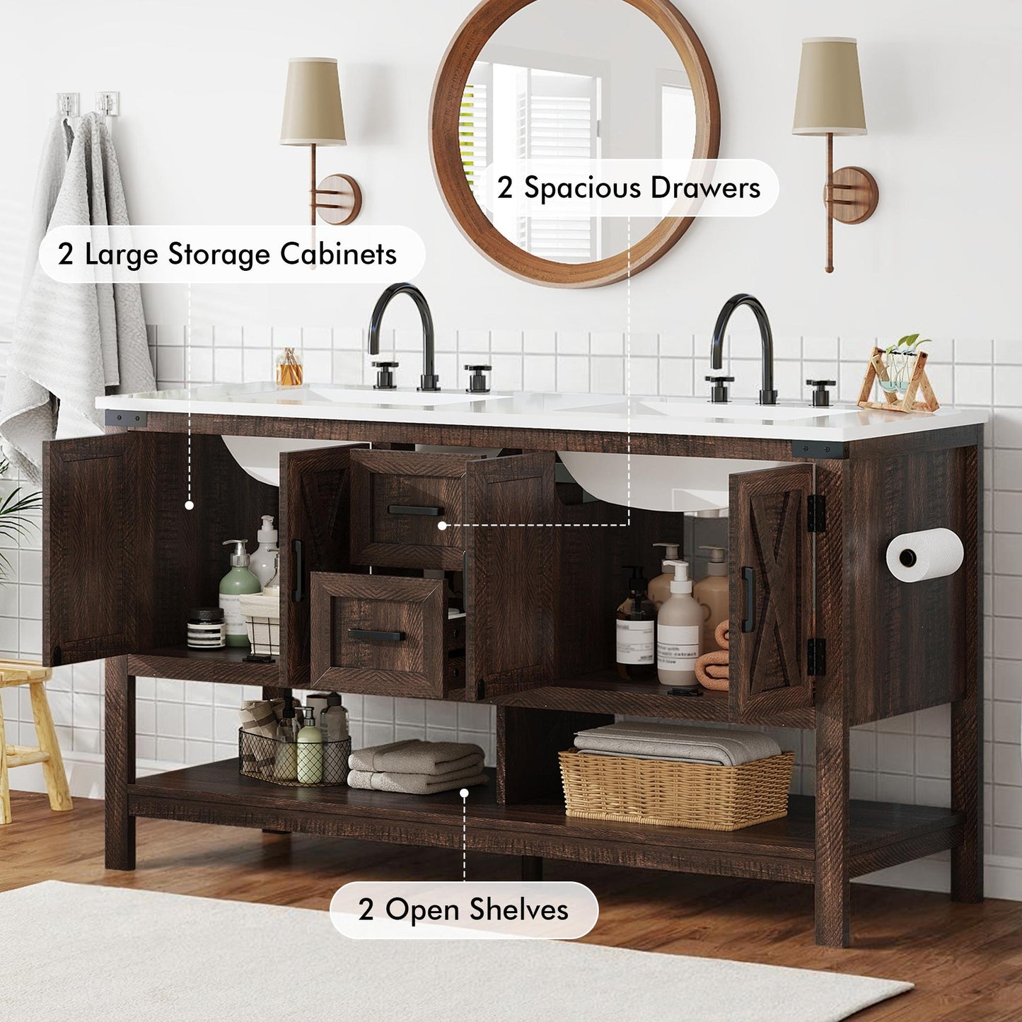 PAPAJET 60-inch Modern Farmhouse Double Sink Bathroom Vanity with Cabinets, Drawers & Open Shelf - /MDF Suitable for Family Bathrooms, Space-Saving, Ample Storage, Low-Maintenance for Resale Value