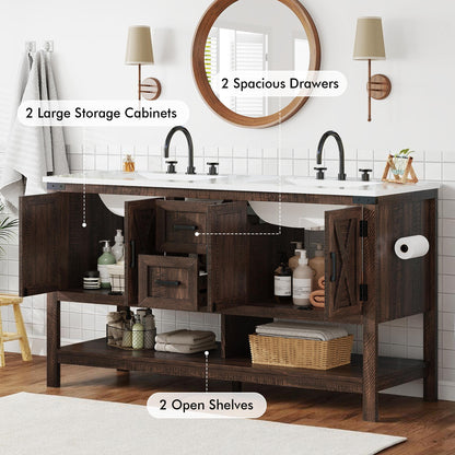 PAPAJET 60-inch Modern Farmhouse Double Sink Bathroom Vanity with Cabinets, Drawers & Open Shelf - /MDF Suitable for Family Bathrooms, Space-Saving, Ample Storage, Low-Maintenance for Resale Value
