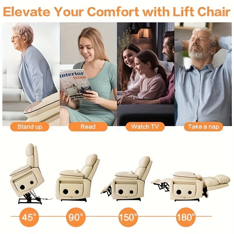 Infinite Position Electric Lift Recliner with Wireless Charger and Cup Holder, Vibration Massage and Heating, Genuine Faux Leather, Beige, Brown Silvery Gray Color Optional