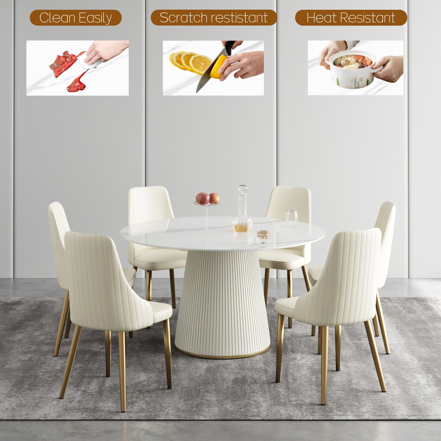 53" Circular Dining Table Suitable for 6-8 People (Table Only, Chairs Not Included), Perfect for Dining Rooms Or Kitchens, Featuring a Glossy Sintered Stone Top And a Beige Solid Wood Base, Ideal for Restaurants As Well
