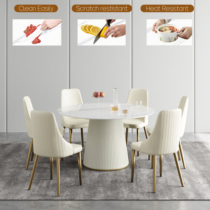 53" Circular Dining Table Suitable for 6-8 People (Table Only, Chairs Not Included), Perfect for Dining Rooms Or Kitchens, Featuring a Glossy Sintered Stone Top And a Beige Solid Wood Base, Ideal for Restaurants As Well
