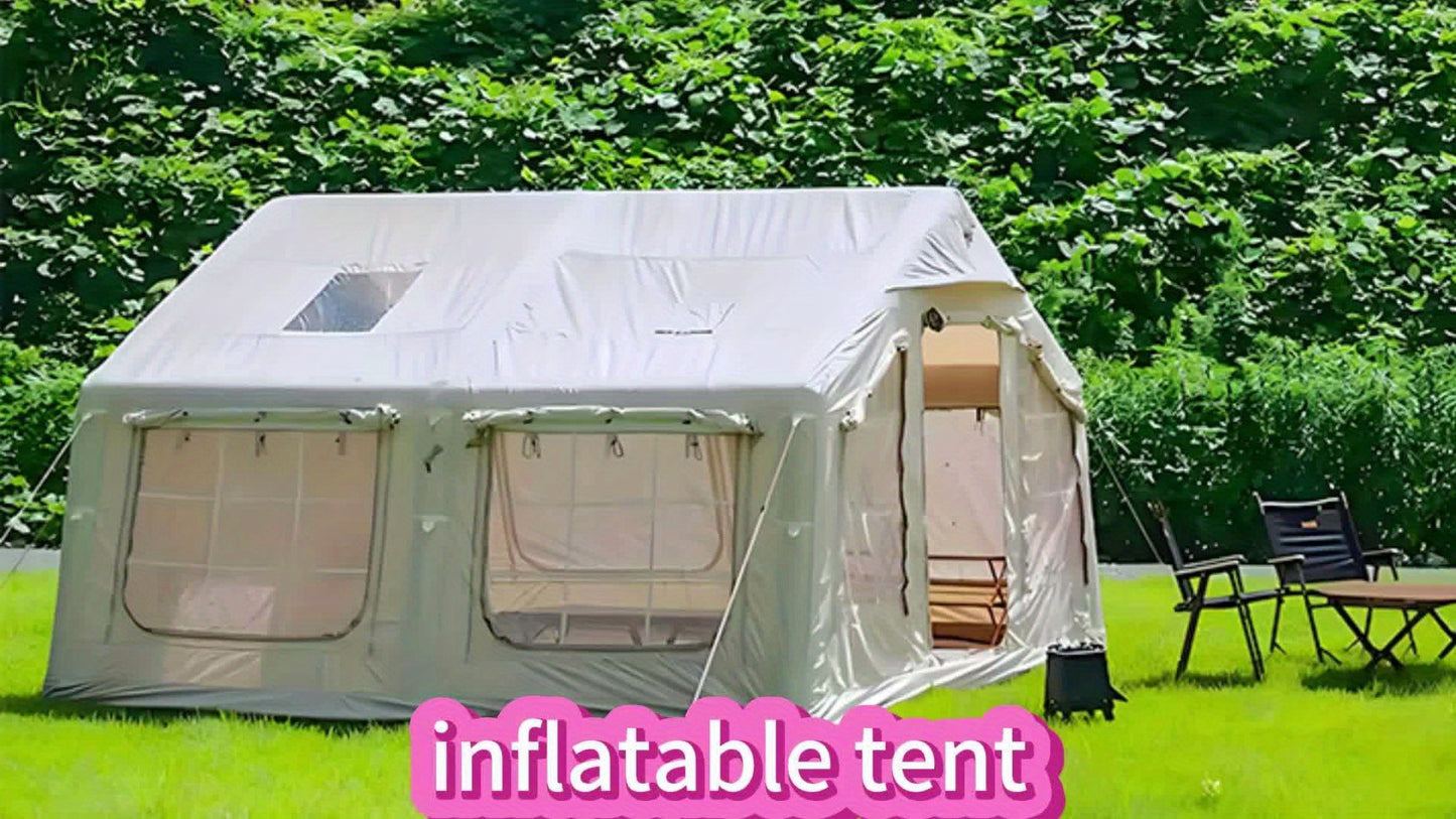 4-8 Person Deluxe Camping Inflatable Tent with Hand Pump 129 Square Feet Large Space Easy Setup Zip Closure Matching with A Canopy to Use, with A Wood Stove Chimney Opening, Tent for 4 Season, Outdoor Camping, Windproof, High Quality with Mosquito