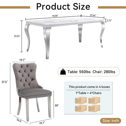 70"Modern Rectangle Faux Marble Dining Table Set for 5-7 Piece Luxury Rectangle Faux Marble Table with 4/6 Velvet Tufted Chairs - Elegant Kitchen and Dining Room Furniture, Silver/Gold Finish， Luxury Dining Table Set