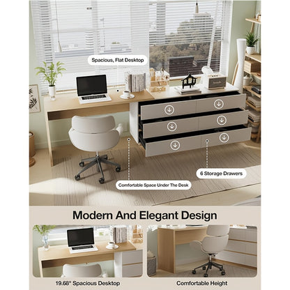 Modern Expandable Desk, 97.63-inch L-shaped Corner Computer Desk with 6 Drawers, Suitable for Home Office and Study Space, White and Khaki