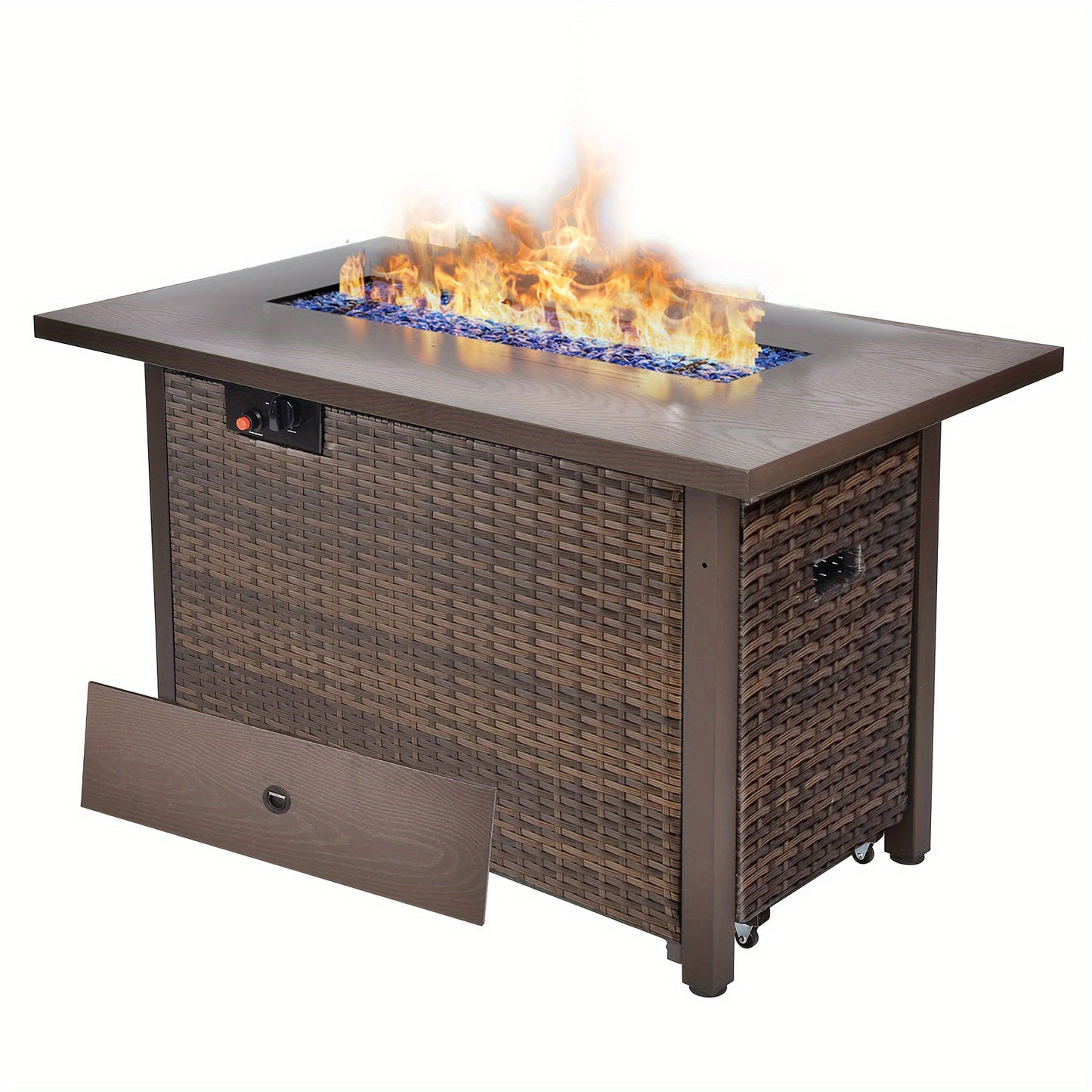 15pcs Patio Furniture Sectional Sofa with Fire Pit Table, Outdoor PE Rattan Patio Conversation Set with Glass Coffee Tables And Cushions for Garden, Poolside, Backyard