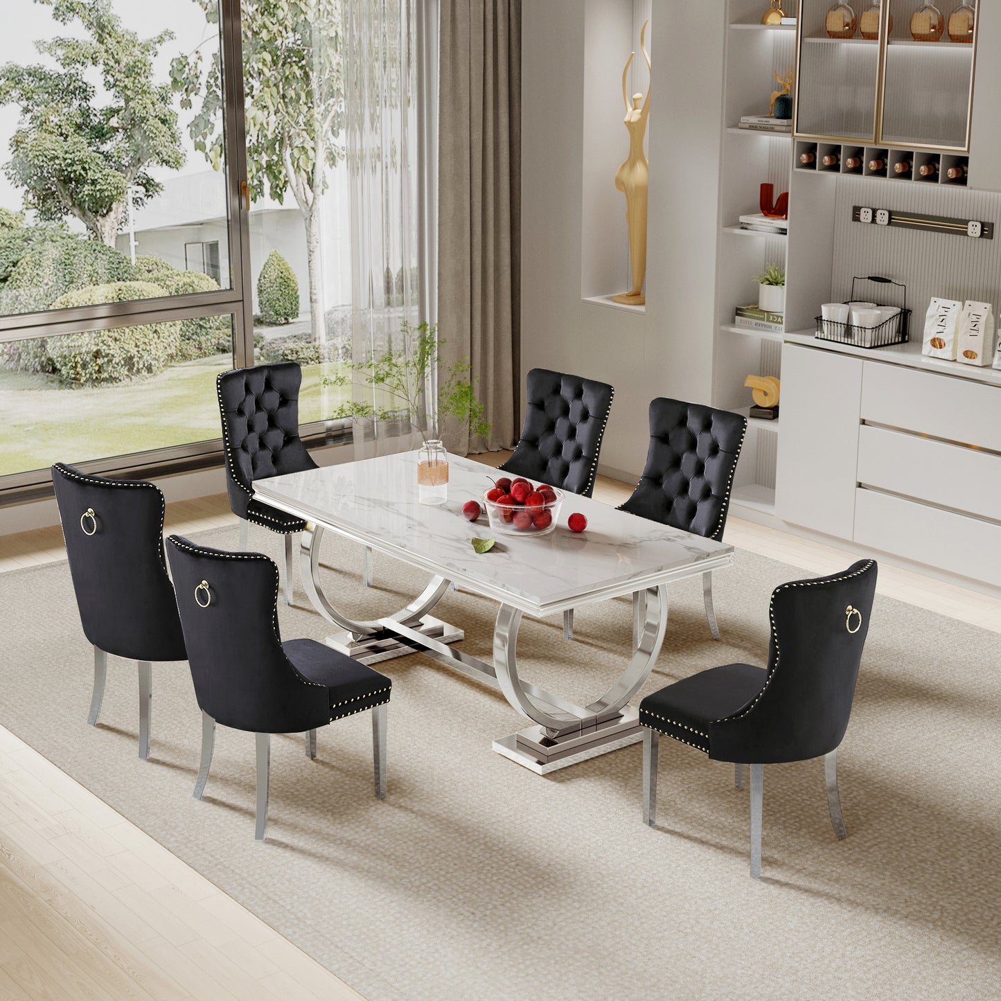 7 Piece Marble Dining Table Set, 70" Faux Marble Dining Table and Velvet Chairs for 6, 7 Piece Luxury Dining Room Table Set and 6 Upholstered Chairs with Stainless Steel Legs