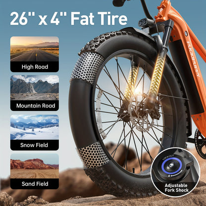 1 Electric Bike For Adults | Rear High-power Brushless Motor, 26" Fat Tire, 48V 15AH Removable Battery, Aluminum Frame with Rear Storage Shelf, Suitable for Outdoor Off-road and Urban Commuting | Orange, PUCKIPUPPY, Disc Brakes