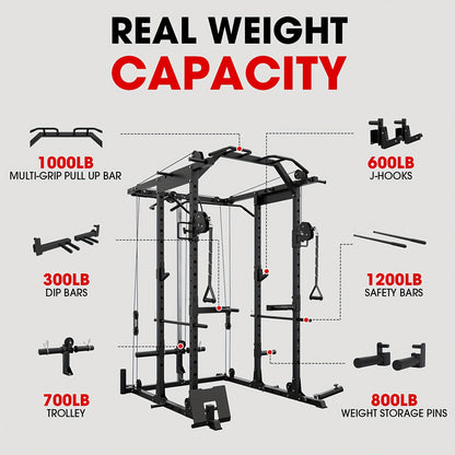 8-in-1 Power Rack Cage With 1500lb Capacity & Cable Crossover Machine - Multi-Function Squat Rack With J-Hooks, Dip Bars, And Landmine - Comprehensive Plate-Loaded Home Gym Equipment (Red)
