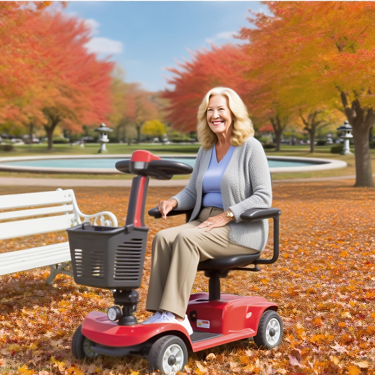 ightweight 4-Wheel Electric Mobility Scooter with Non-Slip All-Terrain Solid Tires, Front Basket, LED Headlight, Foldable Adult Mobility Scooter with Red/Black/Blue/Purple Colors, Senior Transportation, Safety Features Disabled Mobility Aid