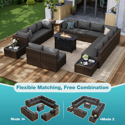 PATIOFIT 8/12/15pcs Outdoor Patio Furniture Set with 40in Fire Pit Table Wicker Rattan Sectional Sofa with Thick Cushions, Coffee Table & Waterproof Cover, Beige Cushions