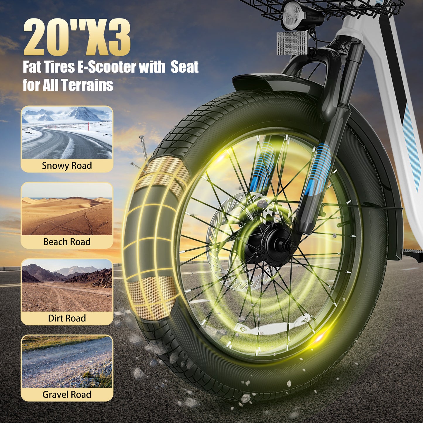 Adults Off-Road Electric Scooter with Seats, 500W Motor & 7800mAh Lithium Battery, 30Miles Range & 20MPH Top Speed E Scooter for Commuting, 20" X 3" Off-Road Tires, Front Shock Absorber, Adjustable Electric Scooter for Adults