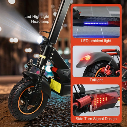500W/740W Power, 10" Off-road/Tubless Tire Kick Electric Scooter, Foldable E-Scooter - Max Range 40km/60km/80km, Double Suspension & Double Disc Brake, Phone Charging USB Port, RGB Ambient Light, Turn Signal Light, LED Front Light