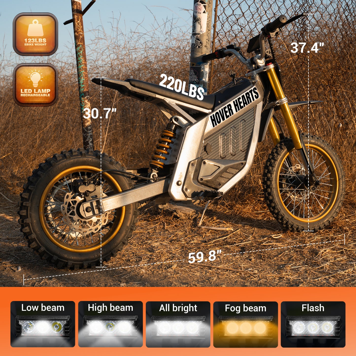Powerful 3000W Electric Dirt Bike for Adultsand Teens, All-Terrain Off-Road Motorcycle - 8-inch alloy wheels, heavy-duty frame, LEDheadlights, 250 lbs maximum load, suitable fordrifting and off-road riding