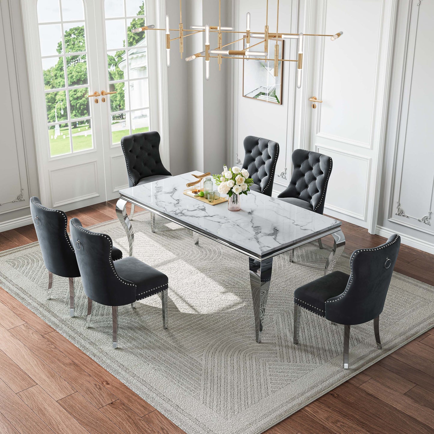 70"Modern Rectangle Faux Marble Dining Table Set for 5-7 Piece Luxury Rectangle Faux Marble Table with 4/6 Velvet Tufted Chairs - Elegant Kitchen and Dining Room Furniture, Silver/Gold Finish， Luxury Dining Table Set