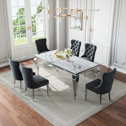 70"Modern Rectangle Faux Marble Dining Table Set for 5-7 Piece Luxury Rectangle Faux Marble Table with 4/6 Velvet Tufted Chairs - Elegant Kitchen and Dining Room Furniture, Silver/Gold Finish， Luxury Dining Table Set