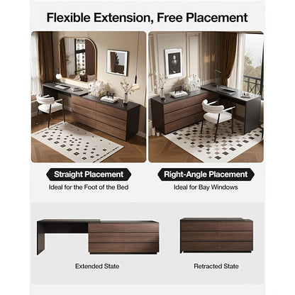 Modern Expandable Desk, 97.63-inch L-shaped Corner Computer Desk with 6 Drawers, Suitable for Home Office and Study Space, White and Khaki
