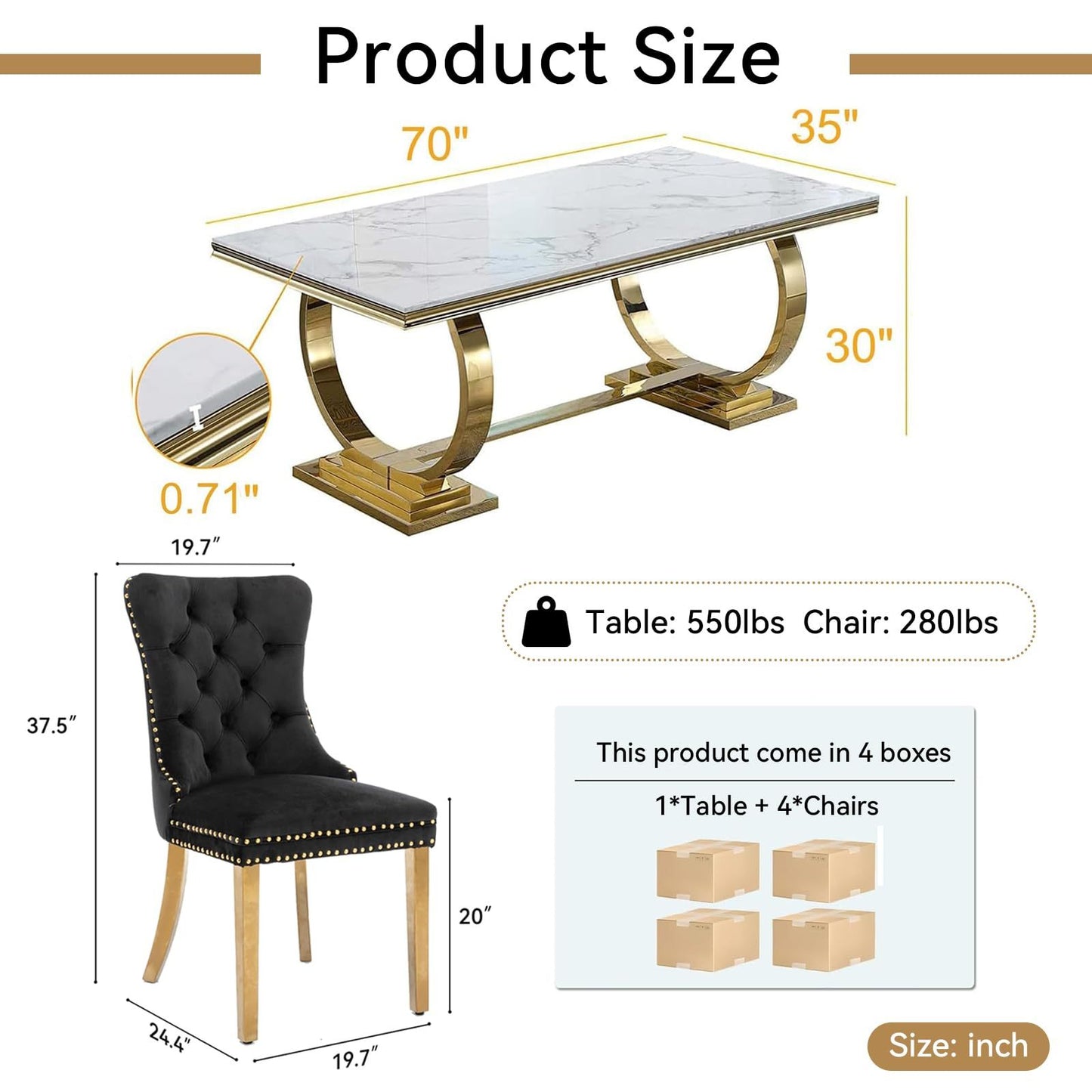 7 Piece Marble Dining Table Set, 70" Faux Marble Dining Table and Velvet Chairs for 6, 7 Piece Luxury Dining Room Table Set and 6 Upholstered Chairs with Stainless Steel Legs