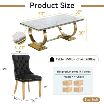 7 Piece Marble Dining Table Set, 70" Faux Marble Dining Table and Velvet Chairs for 6, 7 Piece Luxury Dining Room Table Set and 6 Upholstered Chairs with Stainless Steel Legs