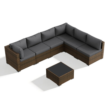 PATIOFIT 8/12/15pcs Outdoor Patio Furniture Set with 40in Fire Pit Table Wicker Rattan Sectional Sofa with Thick Cushions, Coffee Table & Waterproof Cover, Beige Cushions