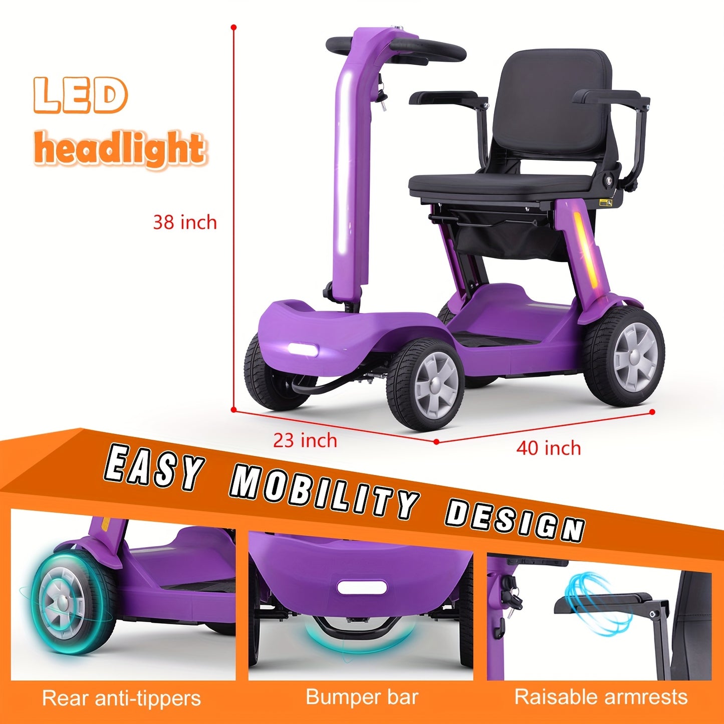 4 Wheel Electric Scooter for Adults & Seniors, 300W, 24V12Ah Battery, 4MPH Max Speed, 10Mile Range, Lightweight Foldable Scooter Electric with LED Lights, Storage Bag & Charger, No Assembly, Free Insulated Cup Gift Random Colors