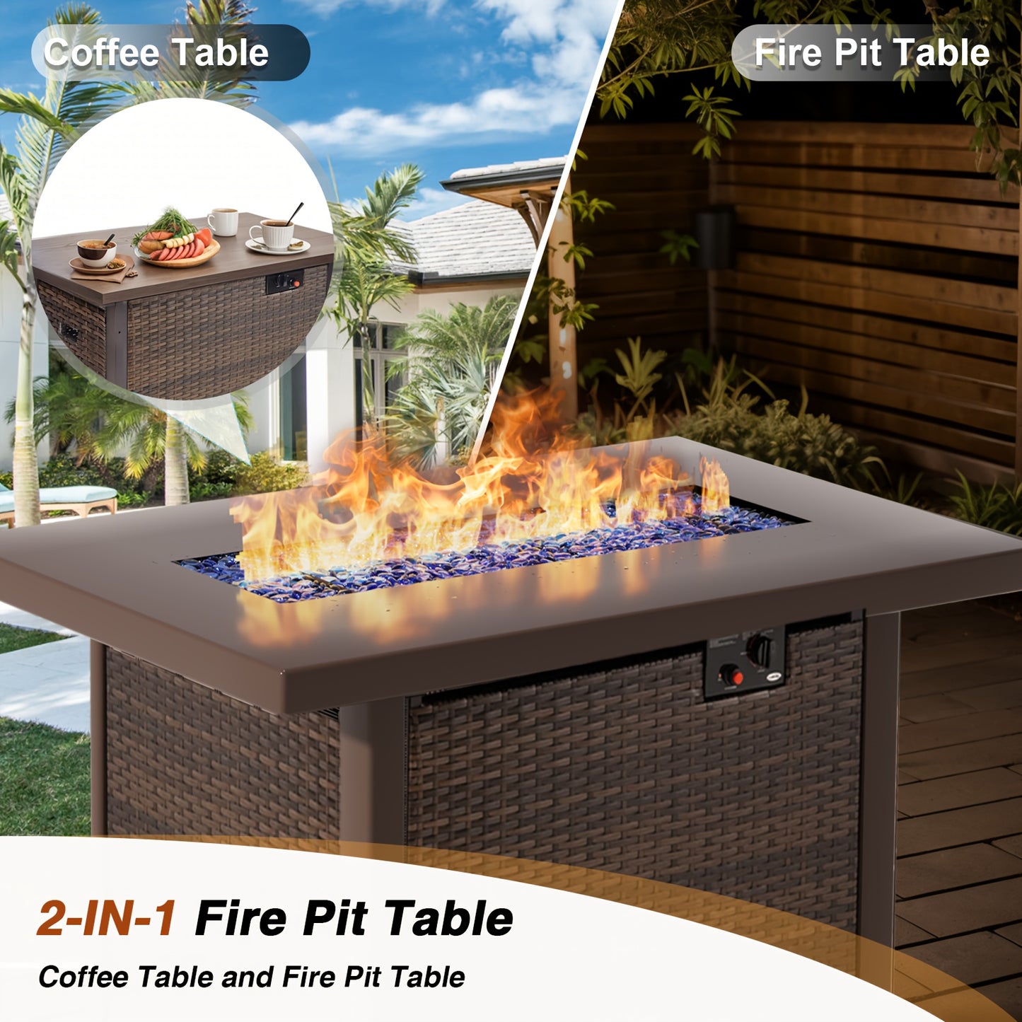 15pcs Patio Furniture Sectional Sofa with Fire Pit Table, Outdoor PE Rattan Patio Conversation Set with Glass Coffee Tables And Cushions for Garden, Poolside, Backyard