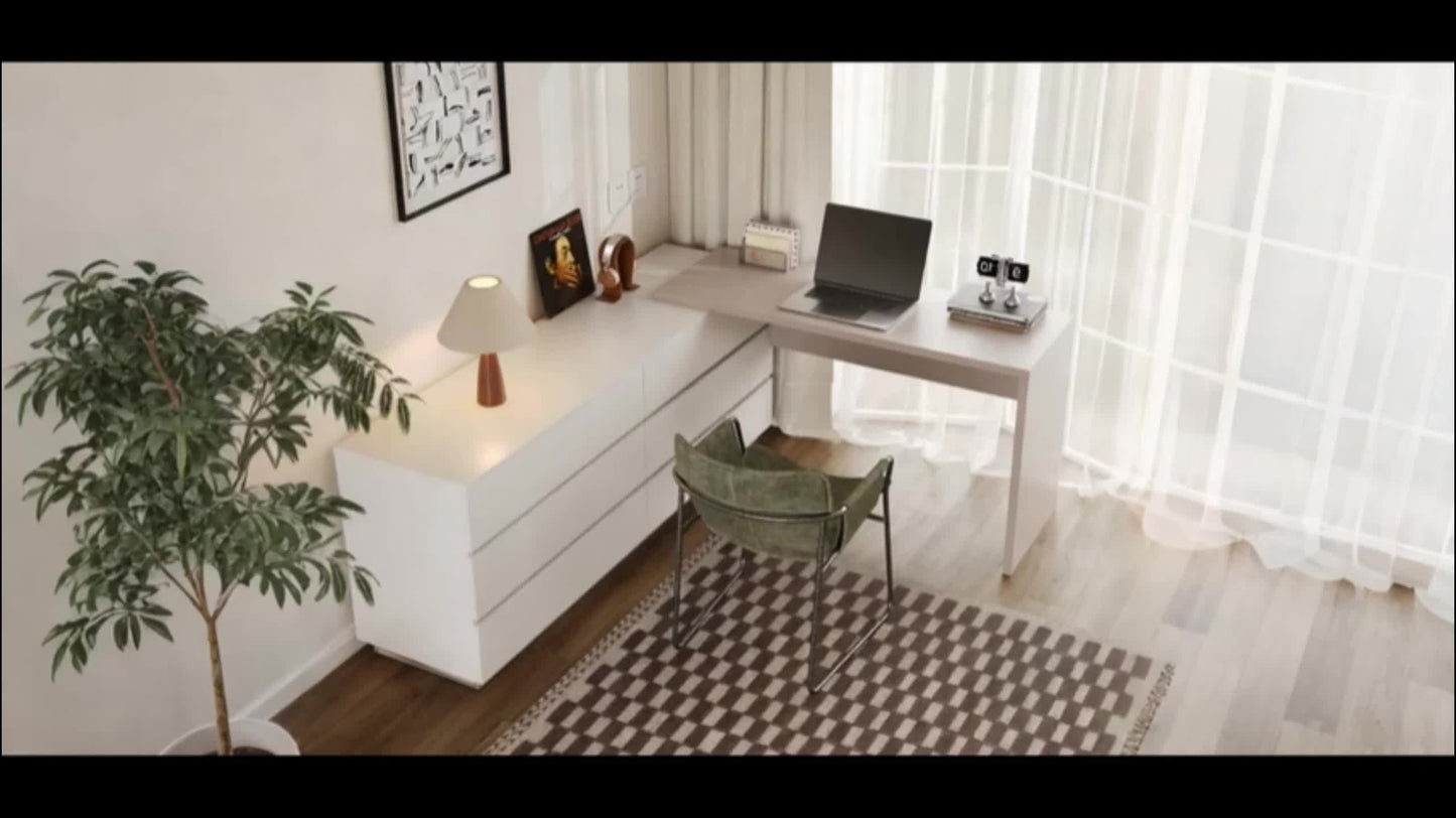 Modern Expandable Desk, 97.63-inch L-shaped Corner Computer Desk with 6 Drawers, Suitable for Home Office and Study Space, White and Khaki