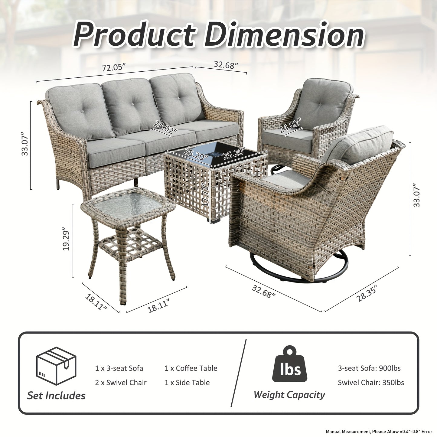 5pcs Outdoor Patio Furniture Set with 2 Swivel Chairs, 1 Outside Sofa, 1 Side Table and 1 Solar Lighting Glass Coffee Table - All-Weather Wicker Patio Conversation Set Modern Design for Garden, Deck, and Porch Decor