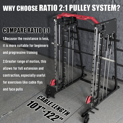 Home Gym with a Smith Machine, Featuring a 2200 Lbs Power Rack Cage, Cable Crossover, Weight Bar, 360° Landmine, Barbell Holders, And Various Attachments for Comprehensive Body Strength Training