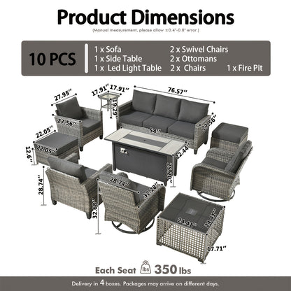 10pcs Outdoor Patio Furniture Sets With 54" Fire Pit Table And Solar Led Light Coffe Table, All-Weather PE Rattan Sectional Sofa Conversation Set With Swivel Rocking Chairs, Outside Modular Couch With Thick Cushions For Backyard, Deck, 7 Seats