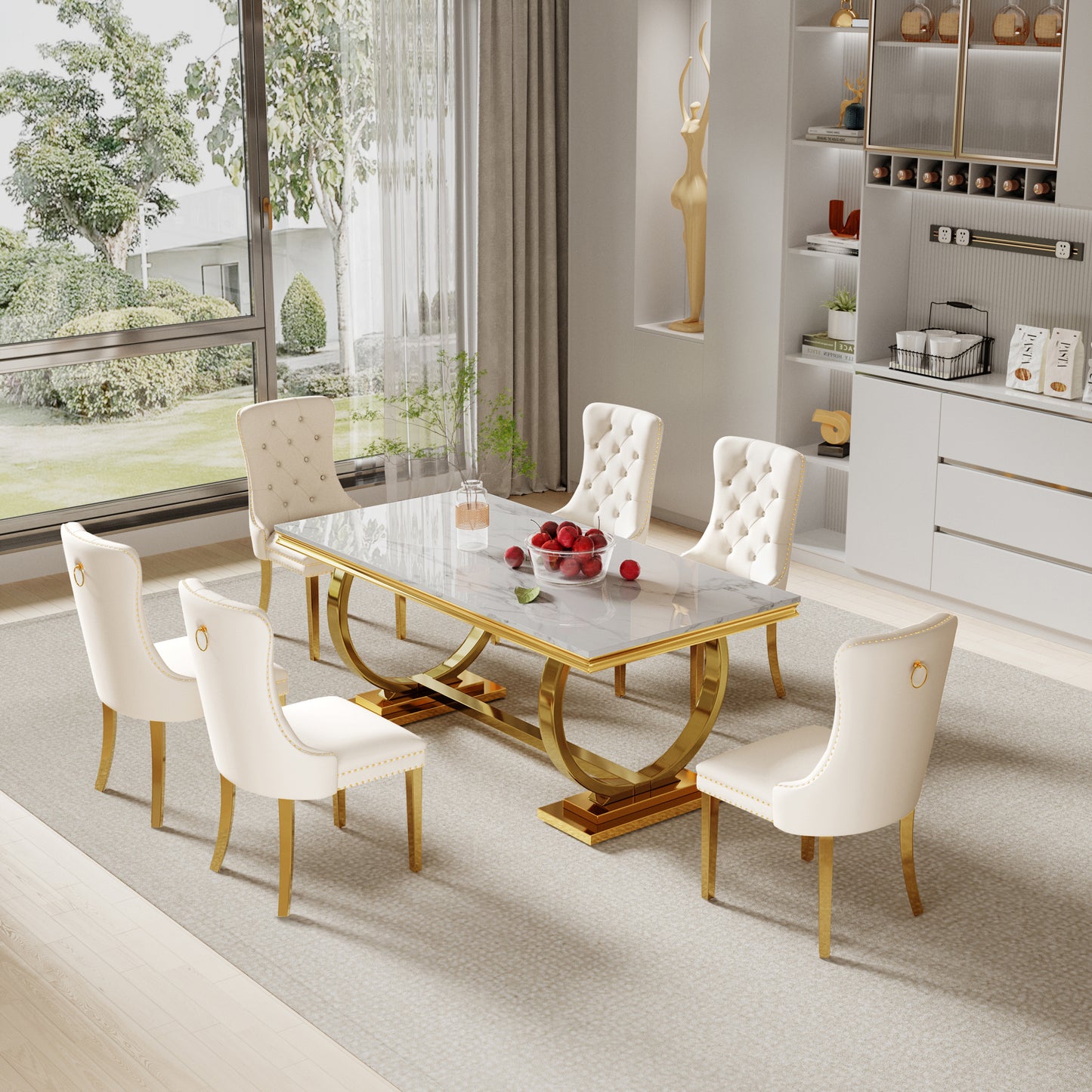 7 Piece Marble Dining Table Set, 70" Faux Marble Dining Table and Velvet Chairs for 6, 7 Piece Luxury Dining Room Table Set and 6 Upholstered Chairs with Stainless Steel Legs
