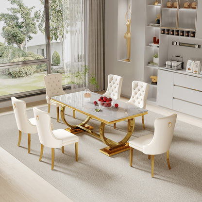 7 Piece Marble Dining Table Set, 70" Faux Marble Dining Table and Velvet Chairs for 6, 7 Piece Luxury Dining Room Table Set and 6 Upholstered Chairs with Stainless Steel Legs