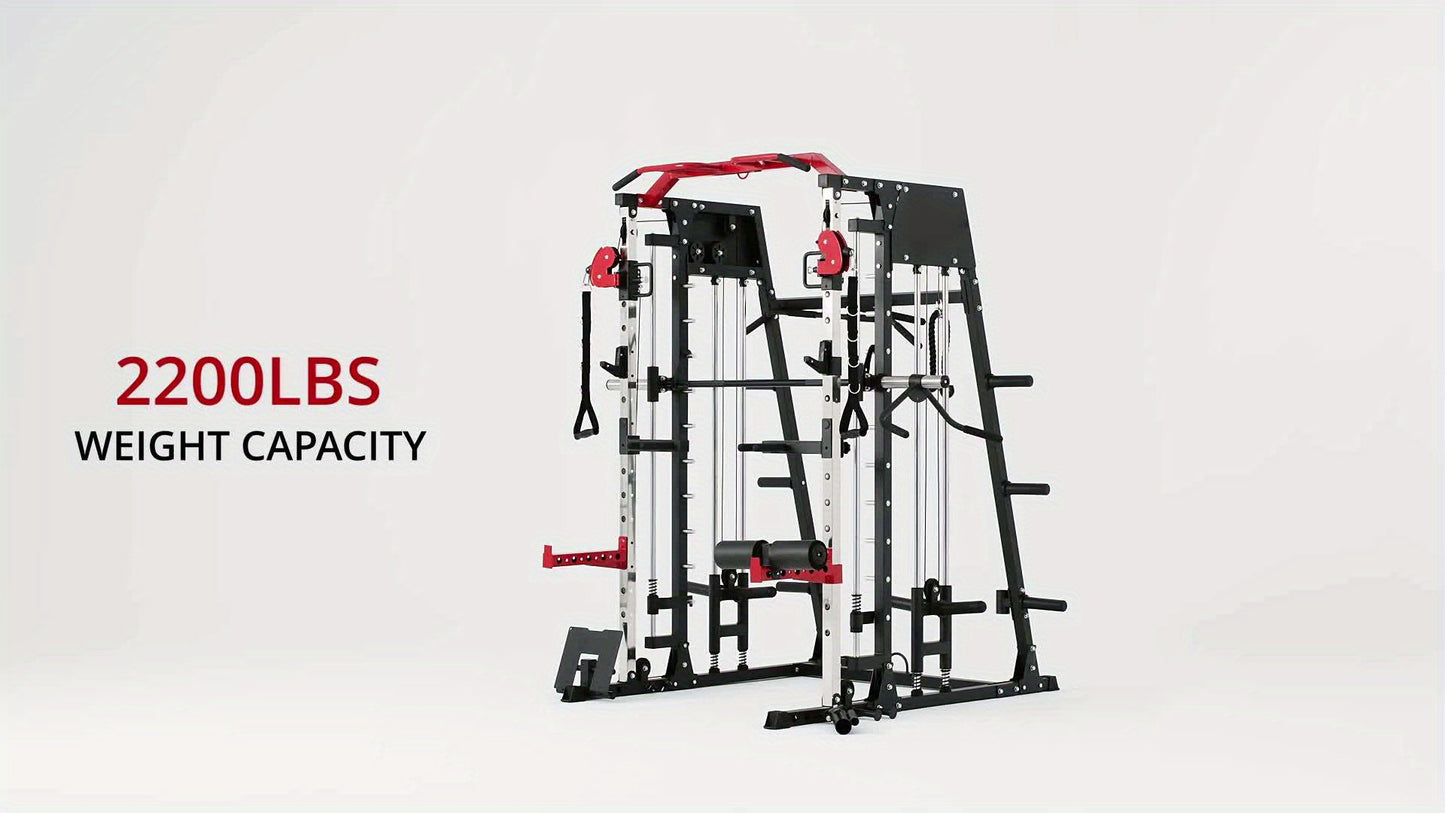 Home Gym with a Smith Machine, Featuring a 2200 Lbs Power Rack Cage, Cable Crossover, Weight Bar, 360° Landmine, Barbell Holders, And Various Attachments for Comprehensive Body Strength Training