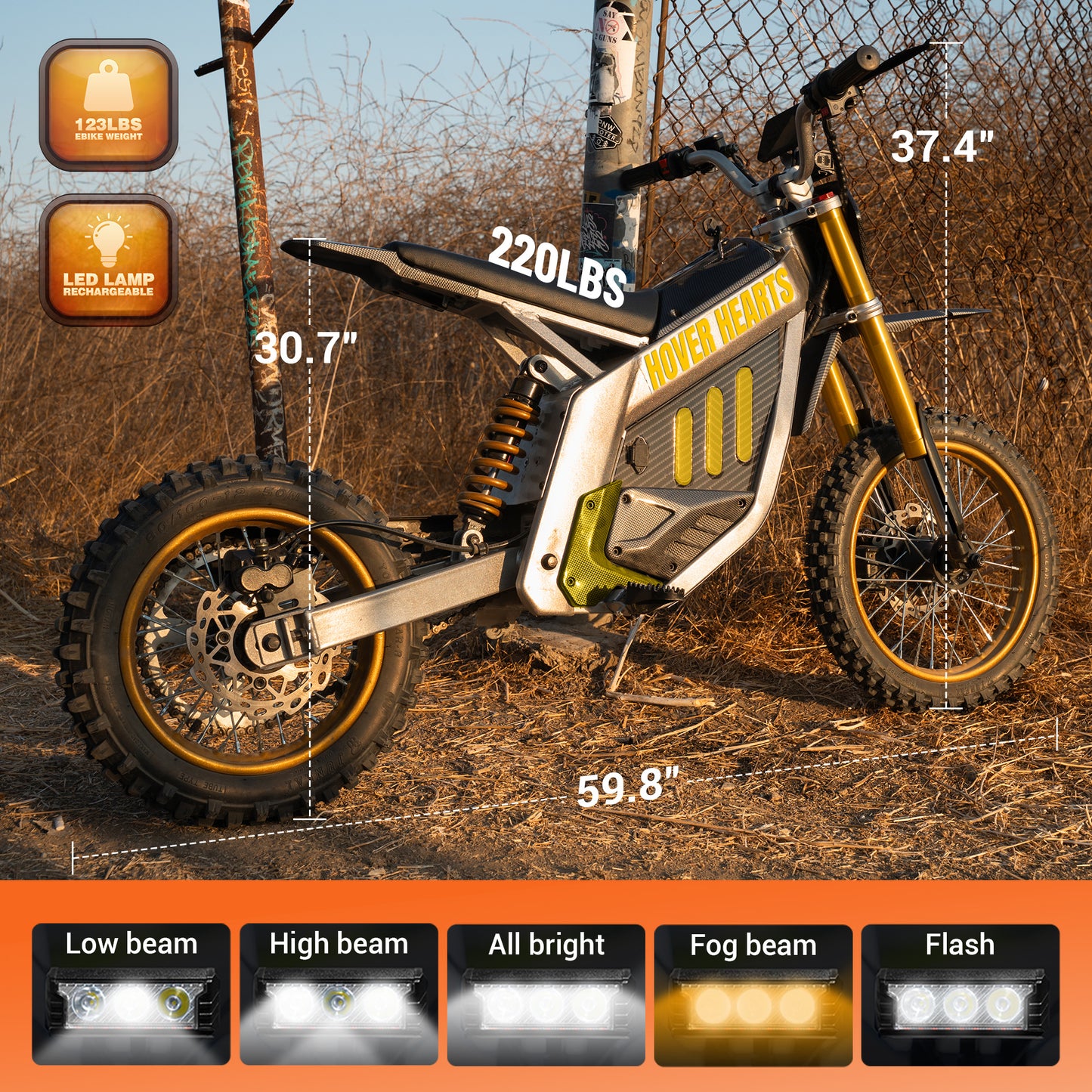 Powerful 3000W Electric Dirt Bike for Adultsand Teens, All-Terrain Off-Road Motorcycle - 8-inch alloy wheels, heavy-duty frame, LEDheadlights, 250 lbs maximum load, suitable fordrifting and off-road riding