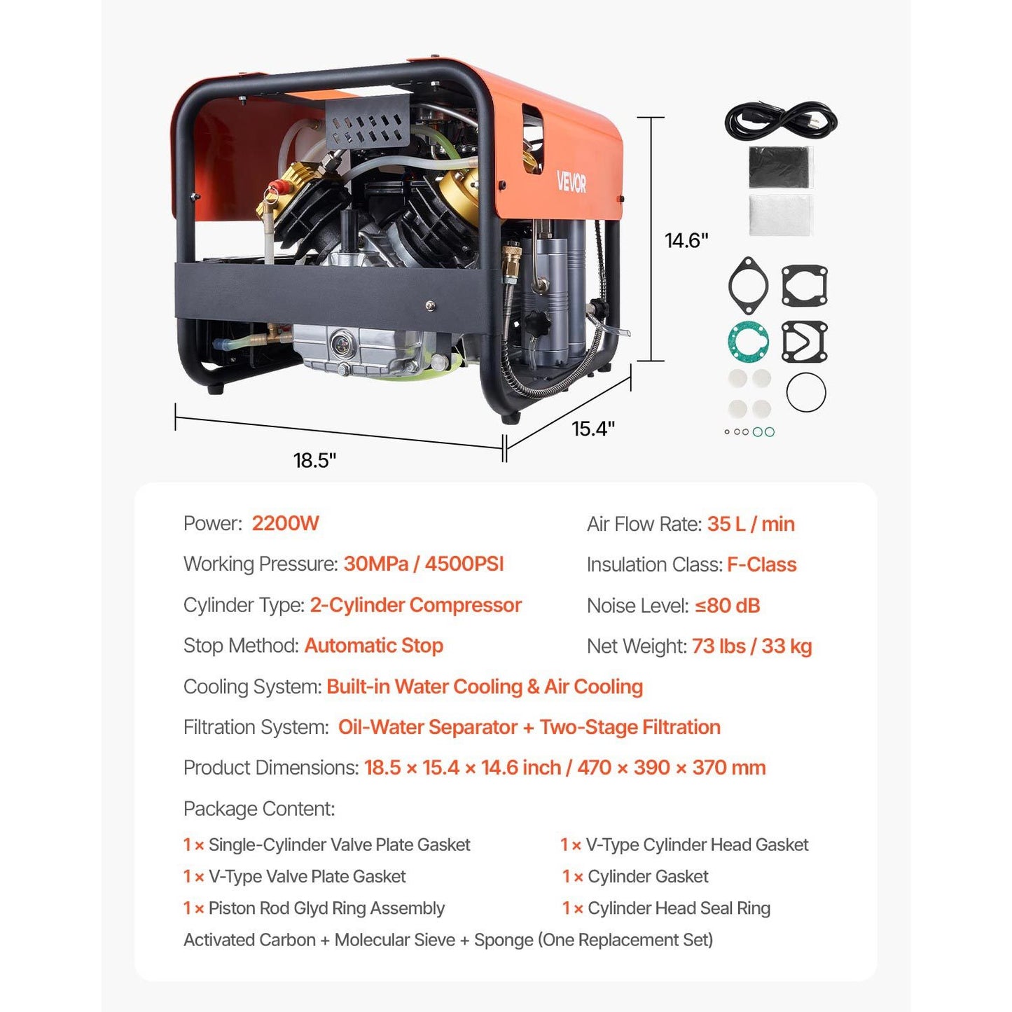 PCP Air Compressor 4500PSI/30Mpa 2-Cylinder Scuba Diving Tank Compressor External water cooling / Internal water cooling