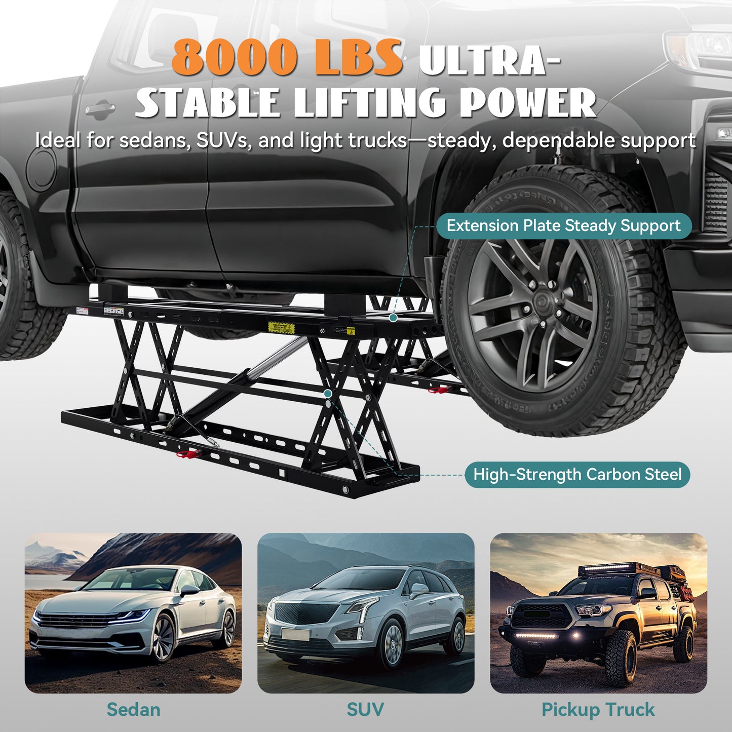 7000lb to 8000lb car lift designed for home garage workshop auto repair, suitable for sedan SUV pickup and most universal vehicles, ideal for maintenance inspection and underbody work.