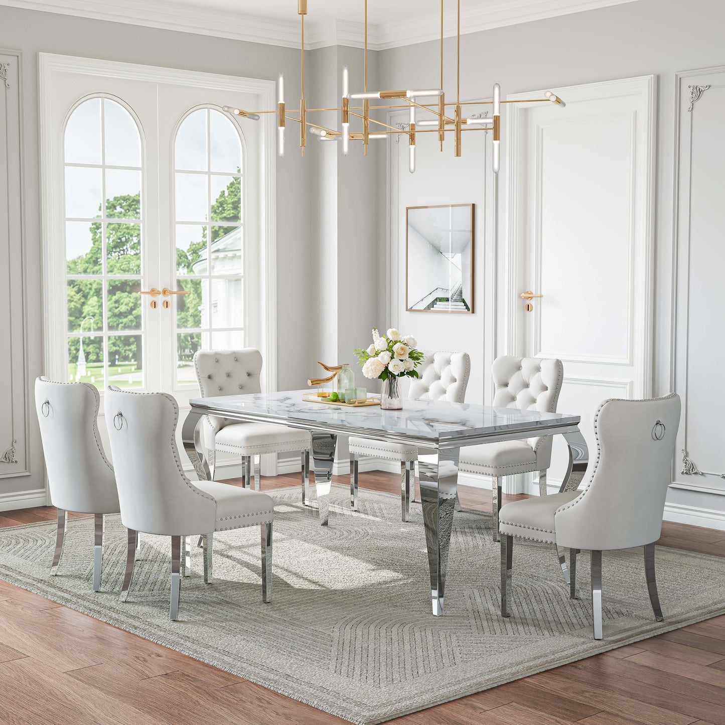 70"Modern Rectangle Faux Marble Dining Table Set for 5-7 Piece Luxury Rectangle Faux Marble Table with 4/6 Velvet Tufted Chairs - Elegant Kitchen and Dining Room Furniture, Silver/Gold Finish， Luxury Dining Table Set