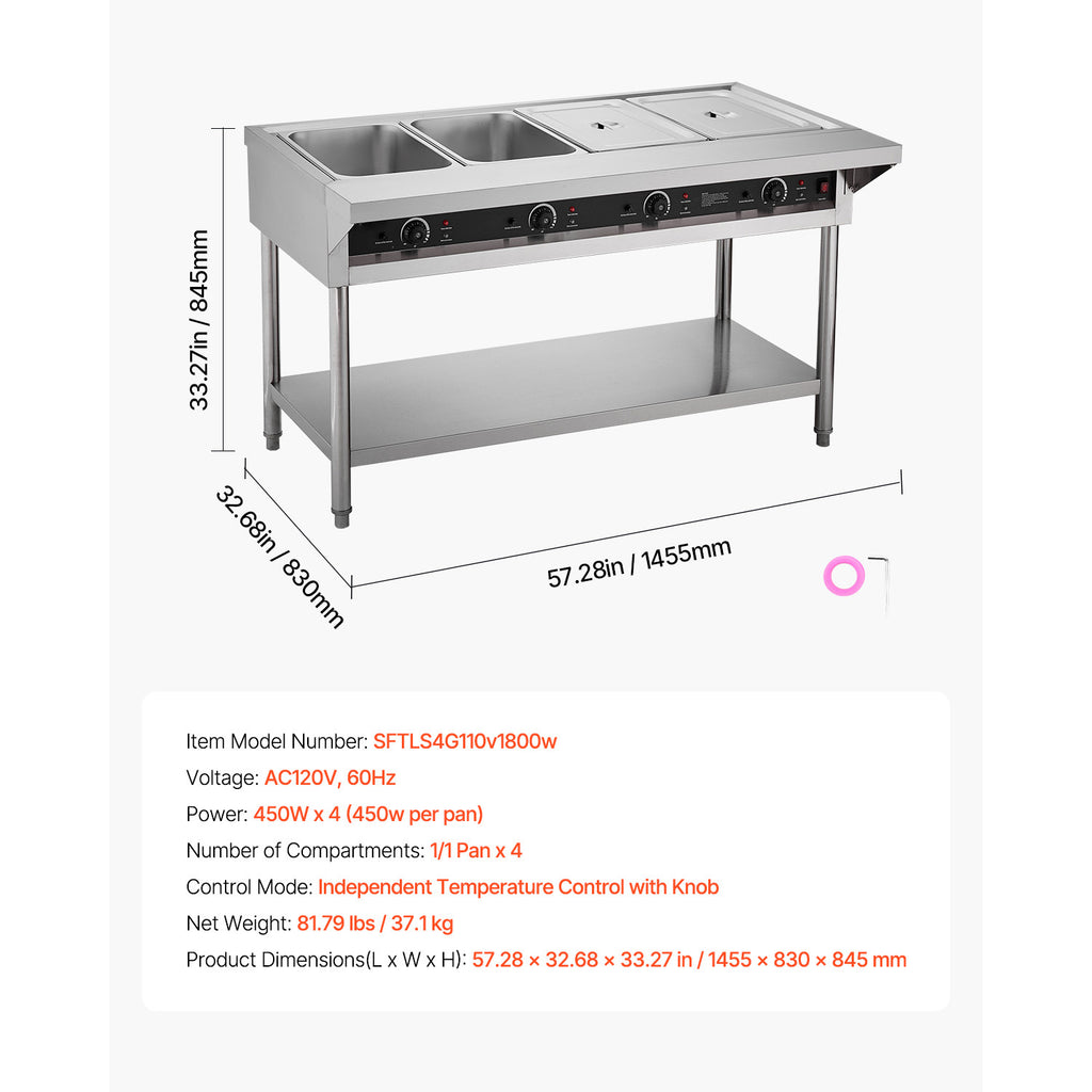 3-Pan/4-Pan/5-Pan Commercial Food Warmer Steam Table with Independent Temperature Control, 110V/220V